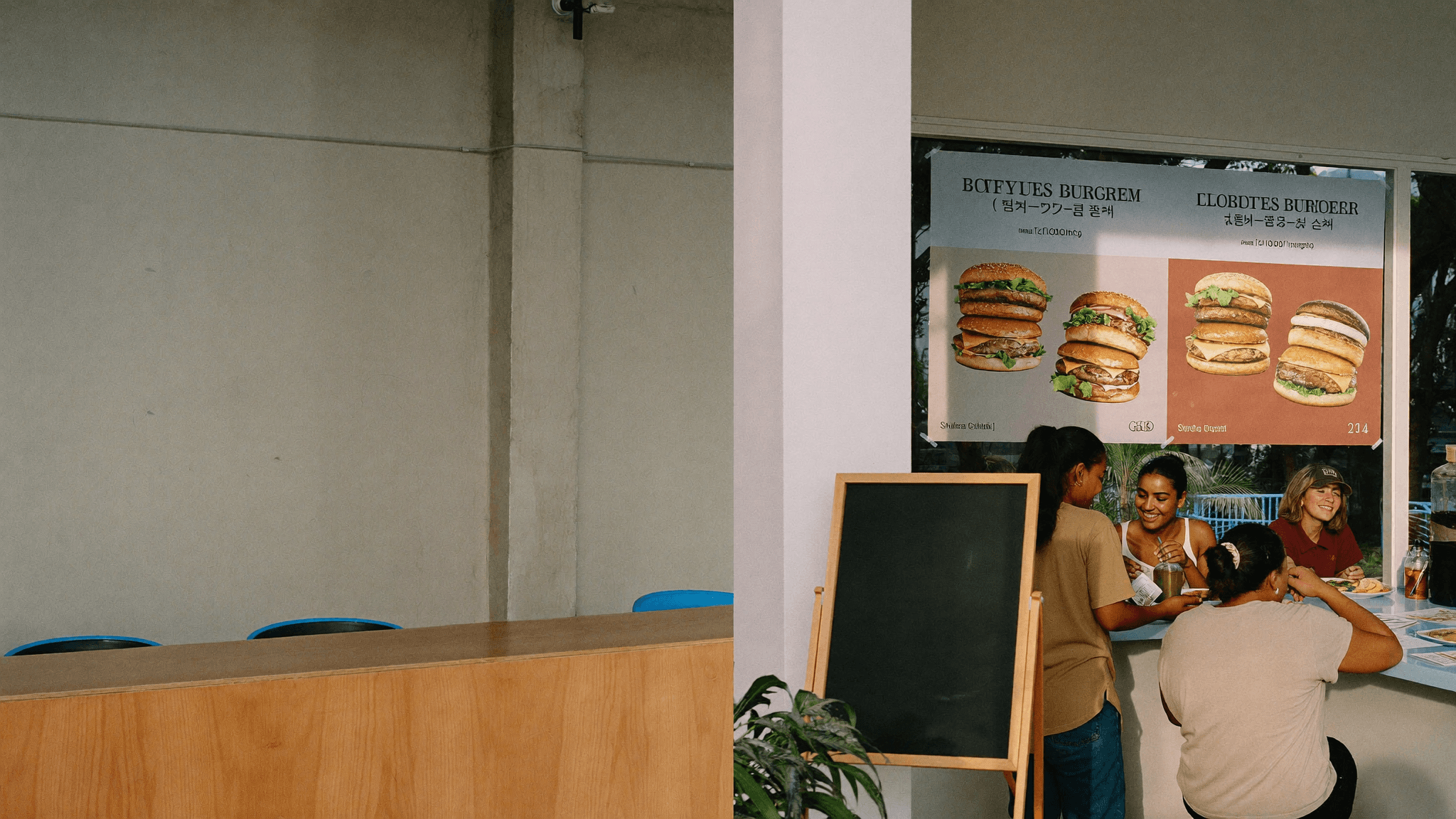 Comparação lado a lado da mesma hamburgueria: vazia à esquerda, cheia e com cartazes na vitrine à direita